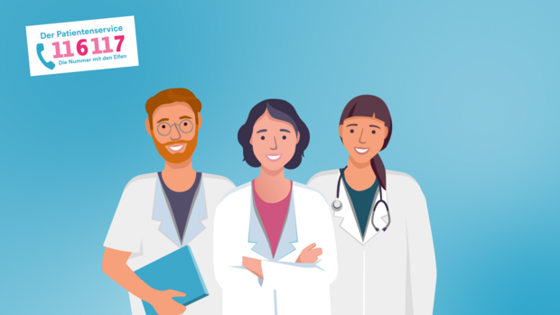 Zwei Ärztinnen im Arztkittel und ein Arzt im Arztkittel stehen vor einem einfarbigen Hintergrund.