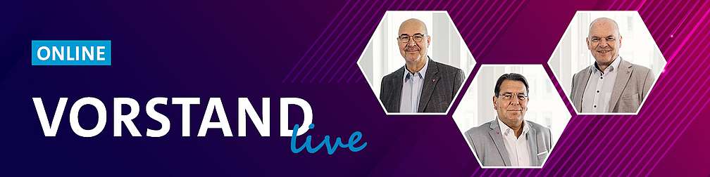 VORSTAND live Banner mit prominentem Schriftzug VORSTAND live und Portraits von 3 älteren Männern