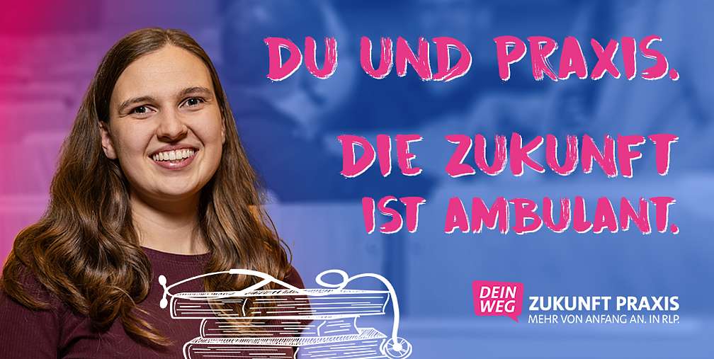 junge Frau lächelnd, Bucherstapel gezeichnet, Text Du und Praxis. Die Zukunft ist ambulant.