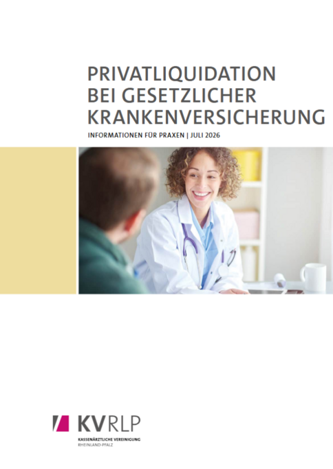 Broschüre Privatliquidation bei gesetzlicher Krankenversicherung Titelblatt einer Broschüre mit Bild von junger Ärztin und Patient (von hinten) im Gespräch