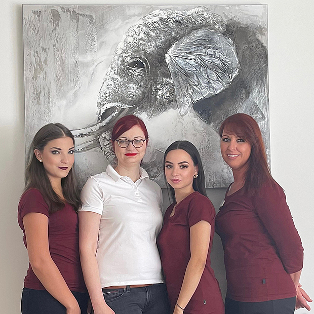 Dr. Mihaela Jardan und Team 4 Frauen jungen und mittleren Alters in Teamkleidung, lächelnd, stehend vor Wandbild mit Elefant